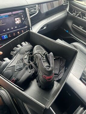 Prada Black Rugged Combat Boots with Red Accents